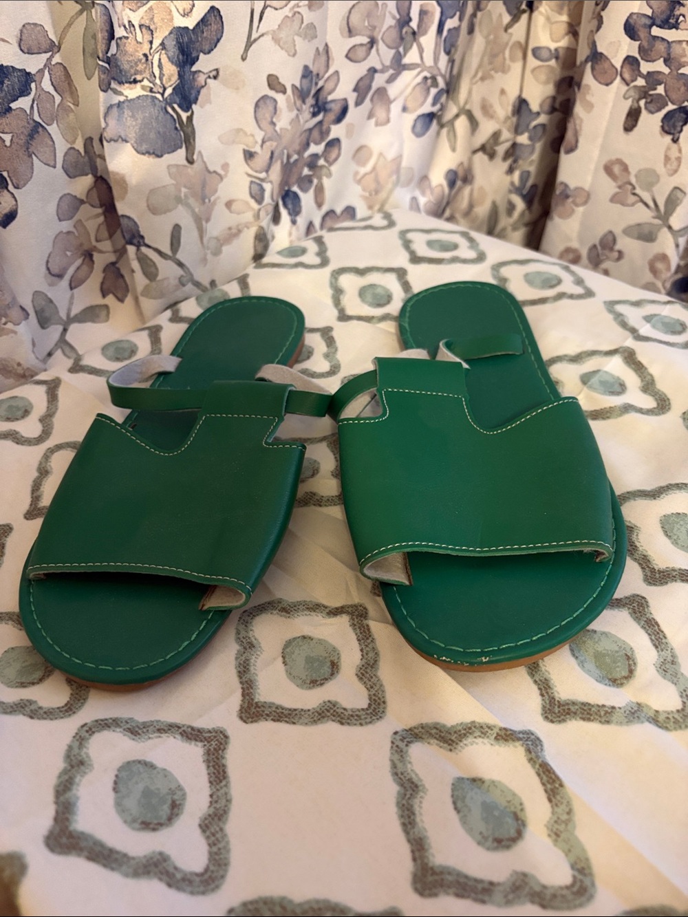 Green Leather Slide Sandals - Women